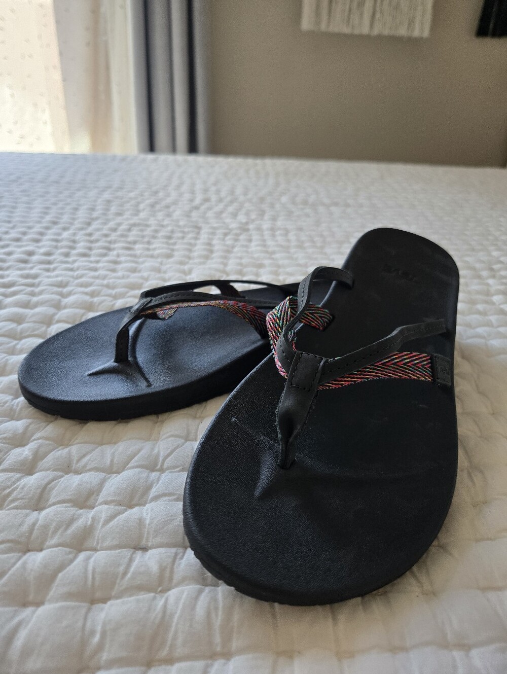 Teva Women's Black Flip Flop Sandals with Multicolor Straps Size 8